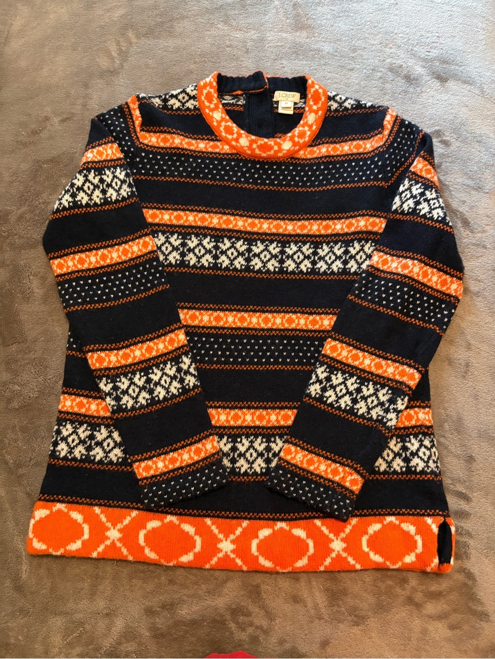 J. Crew Navy, Orange & Cream Fair Isle Cowl Neck Sweater